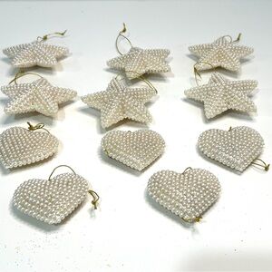 VINTAGE Pearl Beaded Star and Heart CHRISTMAS ORNAMENTS SET OF 11